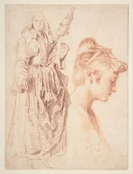 Standing Woman Holding a Spindle and Head of a Woman in Profile to Right